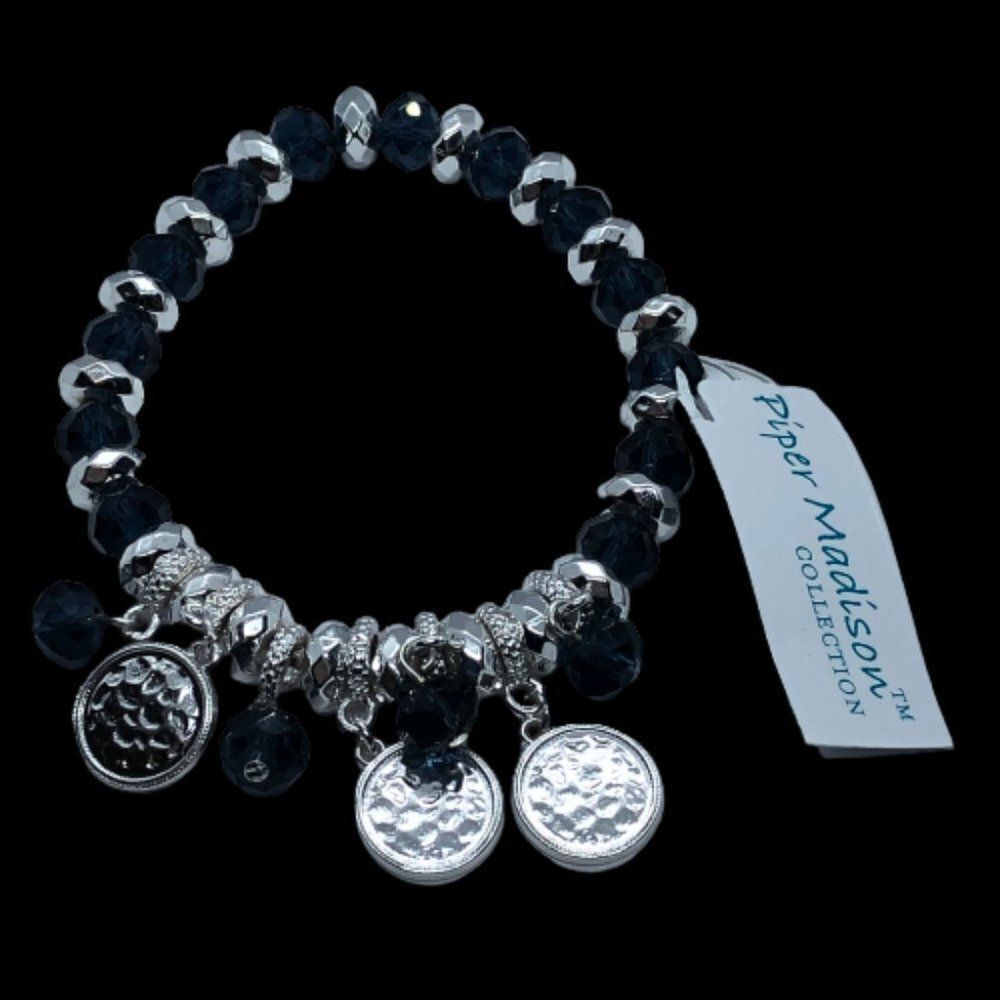 Piper Madison Silver Tone & Blue Bead Dangly Charm Stretch Bracelet NWT